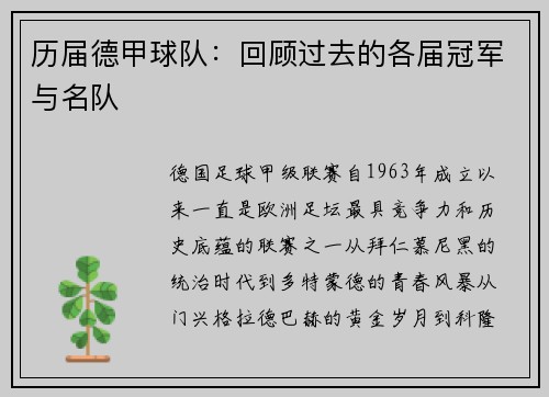 历届德甲球队：回顾过去的各届冠军与名队