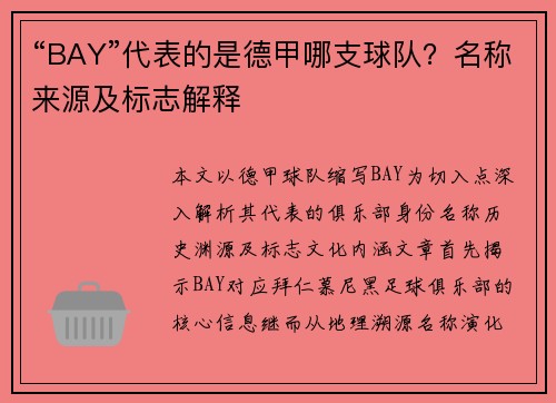 “BAY”代表的是德甲哪支球队？名称来源及标志解释